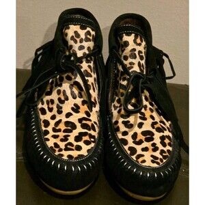 L&B Leopard Calf Hair Black Suede Fringe Moccasin Booties - Size 6